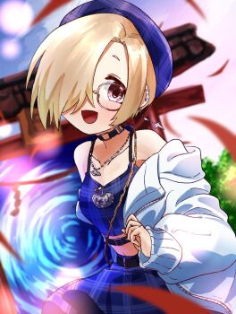 1girl :d asagi32866 bare_shoulders blonde_hair blue_hat blue_shirt blue_skirt blush child commentary_request crop_top ear_piercing earrings glasses hair_over_one_eye hat highres idolmaster idolmaster_cinderella_girls jacket jewelry long_sleeves midriff navel necklace off_shoulder open_clothes open_jacket open_mouth piercing plaid_clothes plaid_shirt plaid_skirt portal_(object) shirasaka_koume shirt short_hair skirt smile solo white_jacket
