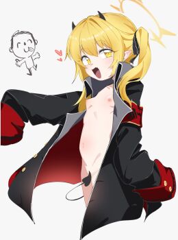 absurdres armband blonde_hair blue_archive coat convenient_censoring demon_horns doodle_sensei_(blue_archive) fang flat_chest halo heart highres horns ibuki_(blue_archive) loli long_sleeves looking_at_viewer naked_coat navel nipples puffy_long_sleeves puffy_sleeves pyoru_usagi_piyo red_armband sensei_(blue_archive) yellow_eyes