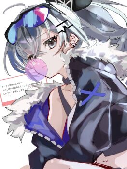 Rule 34 | 1girl, ahoge, between legs, black-framed eyewear, black jacket, blowing bubble gum, bra strap, chewing gum, choker, commentary request, cropped jacket, crossed bangs, eyewear on head, fur-trimmed jacket, fur trim, grey eyes, grey hair, hair between eyes, hair ornament, hairclip, hand between legs, highres, honkai: star rail, honkai (series), jacket, looking down, midriff, navel, ponytail, purple-tinted eyewear, request inset, silver wolf (honkai: star rail), solo, tinted eyewear, v arms, yonagiri 47