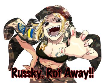 Rule 34 | 1girl, blonde hair, breast tattoo, brown eyes, brown jacket, camouflage, camouflage jacket, camouflage pants, collarbone, crop top, english text, fangs, green tank top, jacket, japanon, looking at viewer, marichka, nazi, non-web source, original, pants, racism, russo-ukrainian war, short hair, smile, solo, sticker, swastika, swastika tattoo, tank top, tattoo