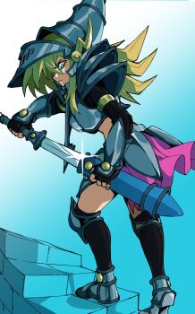 Rule 34 | 1girl, absurdres, armor, armored shoes, black gloves, black sleeves, black socks, blonde hair, breastplate, commentary, crop top, dark magician girl, dark magician girl the dragon knight, drawing sword, duel monster, english commentary, fingerless gloves, from behind, from side, full body, gloves, green eyes, helmet, highres, holding, holding sheath, holding sword, holding weapon, knee pads, kneehighs, long hair, long sleeves, on stairs, pauldrons, phrygian helmet, pink skirt, profile, sheath, shoulder armor, skirt, socks, stairs, sword, unsheathing, v-shaped eyebrows, weapon, woogleboy, yu-gi-oh!