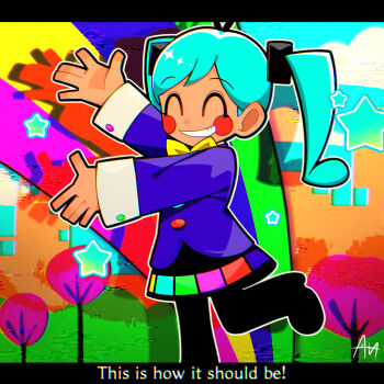 1girl ^_^ aqua_hair blue_jacket blush_stickers closed_eyes grin hatsune_miku highres jacket letterboxed long_sleeves multicolored_skirt outline sato_(r017xts117) signature skirt smile solo standing standing_on_one_leg star_(symbol) static_(vocaloid) subtitled tree twintails vocaloid