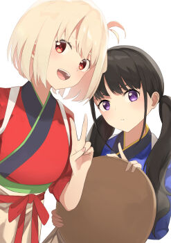 2girls absurdres black_hair blonde_hair blue_kimono commentary highres inoue_takina japanese_clothes kimono long_hair low_twintails lycoris_recoil multiple_girls nishikigi_chisato one_side_up open_mouth purple_eyes rakkasei red_eyes red_kimono short_hair simple_background tasuki teeth twintails upper_teeth_only v white_background