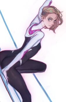 1girl ass black_bodysuit blonde_hair blue_eyes bodysuit breasts eyebrow_piercing face_piercing feason gwen_stacy highres hood hood_down hooded_bodysuit marvel medium_breasts piercing short_hair simple_background skin_tight smile solo spider-gwen spider-man:_into_the_spider-verse spider-man_(series) spider-verse spider_web_print superhero_costume