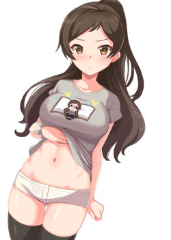 1girl black_thighhighs blush breasts brown_eyes brown_hair closed_mouth clothes_lift commentary_request cowboy_shot dan_(orange_train) grey_shirt highres idolmaster idolmaster_million_live! kitazawa_shiho large_breasts lifting_own_clothes long_hair looking_at_viewer navel ponytail print_shirt shirt shirt_lift shoes short_shorts short_sleeves shorts simple_background solo standing t-shirt thighhighs white_background white_shoes