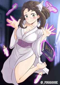 Rule 34 | 1girl, artist name, barefoot, blush stickers, boku no hero academia, book, breasts, brown eyes, brown hair, candle, cleavage, closed mouth, commentary, english commentary, floating, ghost, gurinsensei, hands up, highres, indoors, japanese clothes, kimono, large breasts, medium hair, panties, pink panties, shiroshouzoku, smile, soles, solo, spoon, triangular headpiece, underwear, uraraka ochako, white kimono