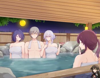 1boy 3girls absurdres acheron_(honkai:_star_rail) alternate_hairstyle arm_hug black_swan_(honkai:_star_rail) blush caelus_(honkai:_star_rail) centauri-d closed_mouth commentary commission cup english_commentary full_moon girl_sandwich grey_hair hair_bun hair_over_one_eye hair_up hand_to_own_mouth hetero highres holding holding_cup honkai:_star_rail honkai_(series) kafka_(honkai:_star_rail) long_hair looking_at_another looking_at_viewer mixed-sex_bathing moon multiple_girls naked_towel night onsen partially_submerged ponytail purple_eyes purple_hair sakazuki sandwiched scene_reference second-party_source shared_bathing short_hair shoulder-to-shoulder side-by-side sitting sky smile steam topless_male towel towel_around_neck trailblazer_(honkai:_star_rail) water yellow_eyes