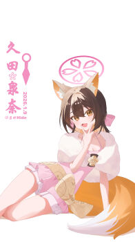 1girl :d absurdres animal_ear_fluff animal_ears blue_archive breasts brown_eyes brown_hair cleavage commentary_request dated dress fang fox_ears fox_girl fox_tail hair_between_eyes halo hide21find57 highres izuna_(blue_archive) izuna_(dress)_(blue_archive) long_hair looking_at_viewer medium_breasts open_mouth pink_dress pleated_dress simple_background smile solo tail translation_request twitter_username v v_over_mouth white_background