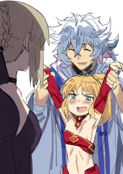 1boy 2girls ^_^ ^o^ aged_down aqua_eyes armpits arms_up artoria_pendragon_(fate) blonde_hair blush closed_eyes club3 detached_sleeves fate/apocrypha fate/stay_night fate_(series) highres loli merlin_(fate/stay_night) midriff mordred_(fate) mordred_(fate/apocrypha) mother_and_daughter multiple_girls nipple_slip nipples ponytail saber_alter saber_alter_(third_ascension) simple_background smile tears white_background white_hair