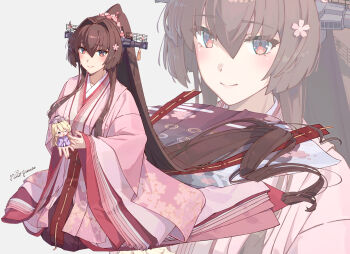 Rule 34 | 2girls, absurdly long hair, blonde hair, brown hair, cherry blossoms, commentary request, floral print, floral print kimono, flower, hair between eyes, hair flower, hair intakes, hair ornament, headgear, highres, himeyamato, holding, holding mini person, iowa (kancolle), japanese clothes, kantai collection, kimono, layered kimono, long hair, mini person, multiple girls, multiple views, one eye closed, pink kimono, ponytail, print kimono, red eyes, seiza, sidelocks, simple background, sitting, smile, solo, very long hair, white background, wide sleeves, yamato (kancolle)