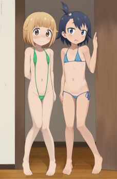 2girls arm_at_side arm_behind_back asymmetrical_bangs bare_arms bare_legs bare_shoulders bikini black_hair blue_bikini blue_eyes blunt_bangs blush brown_eyes brown_hair commentary doorway fanbox_username fang flat_chest full_body green_slingshot_swimsuit groin highres hodaka_natsumi houkago_teibou_nisshi indoors knees_together_feet_apart loli looking_at_viewer lowleg lowleg_bikini multiple_girls navel one-piece_tan open_door paid_reward_available pestil short_hair side-by-side side-tie_bikini_bottom slingshot_swimsuit standing sweatdrop swimsuit tan tanline tareme tsurugi_hina variant_set watermark web_address wide-eyed
