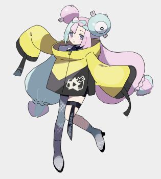 1girl :o blue_hair bow-shaped_hair character_hair_ornament eneko_(olavcnkrpucl16a) full_body grey_pantyhose hair_ornament highres iono_(pokemon) jacket long_hair looking_at_viewer nintendo pantyhose pink_hair pokemon pokemon_sv single_leg_pantyhose sleeves_past_fingers sleeves_past_wrists solo standing standing_on_one_leg thigh_strap twintails very_long_hair white_background yellow_jacket