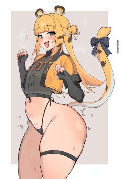 1girl absurdres animal_ear_fluff animal_ears ass bikini bikini_bottom_only black_bikini black_gloves black_shirt blonde_hair blue_bow blush bow braid brown_hair claw_pose crop_top cropped_jacket crown_braid elbow_gloves fang fingerless_gloves flat_chest from_side gloves green_eyes heart highleg highleg_bikini highres huge_ass jacket ju_fufu kuromaruart long_hair multicolored_hair navel open_mouth pubic_stubble shirt side-tie_bikini_bottom skindentation smile solo standing sweat swimsuit tail tail_bow tail_ornament thick_thighs thigh_strap thighs tiger_ears tiger_girl tiger_tail white_hair wide_hips yellow_jacket zenless_zone_zero