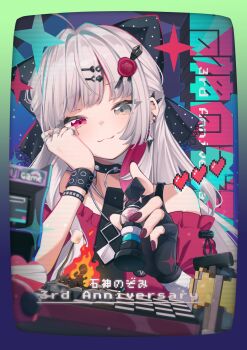 1girl absurdres anniversary bare_shoulders black_gloves closed_mouth commentary_request dress fingerless_gloves gloves grey_eyes grey_hair heart heterochromia highres holding ishigami_nozomi ishigami_nozomi_(1st_costume) looking_at_viewer nail_polish natsuki_teru nijisanji off-shoulder_dress off_shoulder pixelated puffy_short_sleeves puffy_sleeves red_dress red_eyes red_nails short_sleeves single_glove smile solo upper_body virtual_youtuber