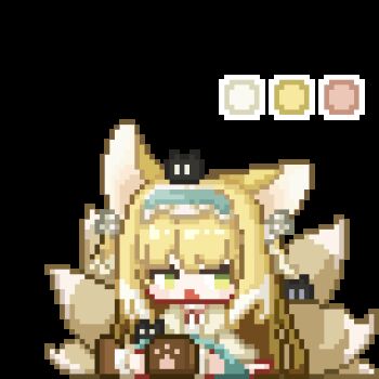 ... 1girl animal_ears animated animated_gif arknights blonde_hair blue_hairband blue_skirt chibi crossover fox_ears fox_girl fox_tail green_eyes hairband heixiu kitsune kyuubi luo_xiaohei_zhanji multiple_tails official_alternate_costume pixel_art sitting skirt solo suzuran_(arknights) suzuran_(spring_praise)_(arknights) tail zhongdu_mao_rong_yilai_zheng