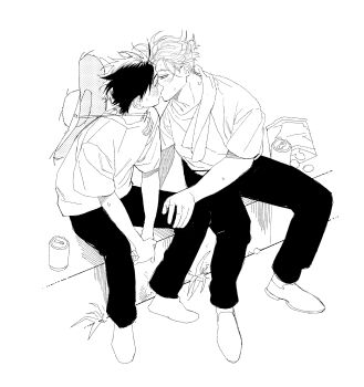 2boys absurdres bag_of_chips blush can chips_(food) commentary_request crew_neck drink_can food greyscale hand_on_another's_knee hat highres kiss korean_commentary looking_at_another male_focus monochrome multicolored_hair multiple_boys nervous_sweating pants pd_honey sakura_haruka_(wind_breaker) shirt shoes short_hair short_sleeves simple_background sitting soda_can split-color_hair sweat t-shirt umemiya_hajime white_background wind_breaker_(nii_satoru) yaoi