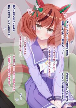 Rule 34 | 1boy, 1girl, animal ears, blush, bow, bowtie, breasts, brown eyes, brown hair, collarbone, commentary request, couch, ear bow, ear covers, ear ribbon, ears wagging, green bow, highres, horse ears, horse girl, horse tail, long sleeves, lpikamasi, medium hair, multicolored hair, nice nature (umamusume), on couch, parted lips, pleated skirt, purple sailor collar, purple serafuku, purple shirt, purple skirt, purple thighhighs, sailor collar, sailor shirt, school uniform, serafuku, shirt, sitting, skirt, solo, speech bubble, streaked hair, tail, thighhighs, tracen school uniform, translation request, twintails, umamusume, variant set, white bow, white bowtie