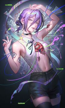 1girl absurdres aqua_eyes arm_up black_choker black_ribbon black_shorts black_thighhighs bomb chainsaw_man choker explosive hair_between_eyes hair_bun highres imminent_explosion looking_at_viewer navel neck_ribbon partially_unbuttoned purple_hair reze_(chainsaw_man) ribbon shirt short_shorts shorts sleeveless sleeveless_shirt solo tamaki_(tamaki599) thighhighs white_shirt