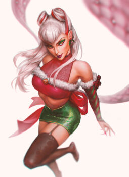 Rule 34 | 1girl, absurdres, alternate costume, armpit crease, back bow, bare shoulders, bell, black garter straps, black thighhighs, bow, christmas, closed mouth, commentary, crop top, detached sleeves, diagonal-striped sleeves, earrings, english commentary, evelynn (league of legends), eyeshadow, foot out of frame, foreshortening, fur-trimmed shirt, fur-trimmed sleeves, fur trim, garter straps, glitter, green eyeshadow, green skirt, green sleeves, halterneck, highres, holly, holly earrings, jewelry, k/da all out evelynn, lashers, league of legends, lipstick, long hair, looking at viewer, makeup, midriff, multicolored hair, no shoes, official alternate hair color, official alternate hairstyle, palson, purple lips, red bow, red nails, red shirt, red sleeves, red streaks, shirt, simple background, skirt, smile, solo, standing, standing on one leg, streaked hair, striped sleeves, thighhighs, two-tone sleeves, two side up, very long fingernails, white background, white hair, yellow eyes