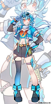 1girl absurdres adjusting_goggles antenna_hair aqua_armband aqua_hair aqua_jacket armband belt black_skirt blush boots commentary_request cropped_jacket dated eyelashes fei_luo_mao full_body gloves goggles goggles_on_head gradient_thighhighs grey_boots headset high_heel_boots high_heels highres jacket kamen_rider kamen_rider_gotchard kamen_rider_gotchard_(series) midriff navel open_clothes open_jacket orange_belt orange_eyes rider-tan short_hair short_sleeves single_thighhigh skirt smile solo standing teeth thighhighs white_gloves zipper zoom_layer