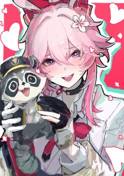 1girl absurdres animal_ears black_gloves character_doll commentary_request doll evanescia_(honkai:_star_rail) flower fox_ears fox_girl gloves hair_flower hair_ornament highres holding holding_doll honkai:_star_rail honkai_(series) jacket looking_at_viewer open_mouth partially_fingerless_gloves pink_hair purple_eyes red_background sanshoku_dango_(shukosuko) shirt smile trailblazer_(honkai:_star_rail) white_jacket white_shirt