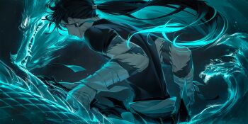 1boy alternate_costume bandaged_arm bandages black_hair black_shirt commentary_request earrings from_side highres holding holding_sword holding_weapon jewelry long_hair looking_ahead low_ponytail male_focus orecalc3092 original parted_lips ponytail shirt solo sword weapon yellow_eyes yin_yang yin_yang_earrings