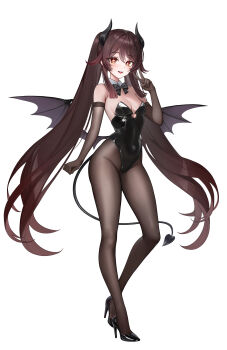 1girl absurdres alternate_costume bare_shoulders black_bow black_bowtie black_gloves black_leotard black_pantyhose black_shoes bow bowtie breasts brown_hair commentary demon_horns demon_tail demon_wings detached_collar elbow_gloves flower-shaped_pupils foka_(beginner) full_body genshin_impact gloves high_heels highres horns hu_tao_(genshin_impact) leotard looking_at_viewer medium_breasts pantyhose red_eyes shoes simple_background solo spade_(shape) strapless strapless_leotard symbol-shaped_pupils tail tongue tongue_out twintails v white_background wings