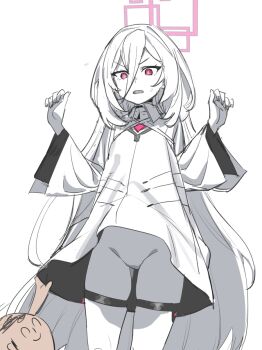 1boy 1girl blue_archive bow_(bhp) clothes_lift colored_skin cowboy_shot dress dress_lift hair_between_eyes halo hands_up highres kei_(blue_archive) lifting_another's_clothes long_hair long_sleeves open_mouth pink_halo rectangular_halo red_eyes sensei_(blue_archive) simple_background solo_focus thigh_strap very_long_hair white_background white_dress white_hair white_skin