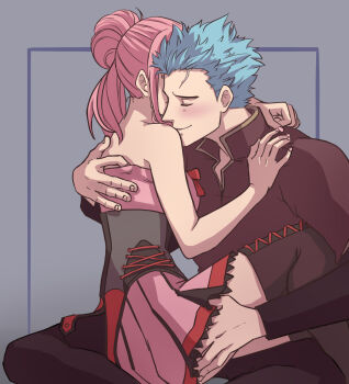 blue_hair caspar_von_bergliez commentary emblem english_commentary fire_emblem fire_emblem:_three_houses fire_emblem_warriors:_three_hopes hair_bun highres hilda_valentine_goneril hug nintendo pink_hair spiked_hair