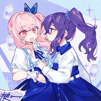 1girl 1other :d akiyama_mizuki asahina_mafuyu belt blue_background blue_bow blue_dress blue_ribbon blue_scrunchie blue_skirt bottle bow buttons chinese_commentary closed_mouth commentary_request contrast_collar double-breasted dress eye_contact eyes_visible_through_hair face-to-face film_grain frilled_wrist_cuffs frills hair_between_eyes hair_bow hair_ornament hair_scrunchie high_ponytail high_side_ponytail laylayhappy long_sleeves looking_at_another neck_ribbon open_mouth outline pink_eyes pink_hair polka_dot polka_dot_background ponytail profile project_sekai puffy_long_sleeves puffy_short_sleeves puffy_sleeves purple_background purple_eyes purple_hair ribbon scrunchie shirt short_sleeves side_ponytail sidelocks simple_background skirt sleeveless sleeveless_dress smile sparkle sweatdrop swept_bangs translation_request upper_body wavy_hair white_belt white_outline white_shirt white_wrist_cuffs wrist_cuffs