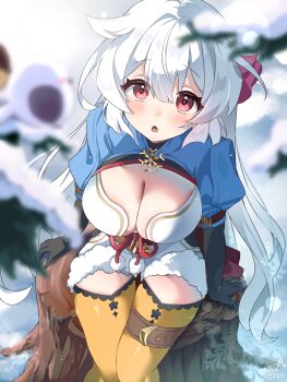 1girl 7290snk breasts cleavage commentary_request from_above fuyuka_(stella_sora) hair_between_eyes highres large_breasts long_hair looking_at_viewer on_tree_stump orange_thighhighs outdoors pink_eyes pom_pom_(clothes) puffy_sleeves red_eyes snow snowflake_ornament solo stella_sora thighhighs tree_stump white_hair