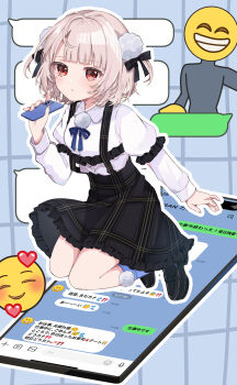 1boy 1girl absurdres black_shoes black_skirt blue_socks blunt_bangs blush cellphone collared_shirt commentary_request embarrassed emoji frilled_skirt frills full_body high-waist_skirt highres holding holding_phone index_finger_raised jumping layered_sleeves llatteowo loafers long_sleeves miniskirt neck_ribbon o_henji_madakana_ojisan_koubun_(voisona) outline phone plaid_clothes plaid_skirt pom_pom_(clothes) pom_pom_brooch puffy_short_sleeves puffy_sleeves red_eyes ribbon shirt shoes short_hair short_over_long_sleeves short_sleeves side_part skirt smartphone socks suspender_skirt suspenders translation_request two_side_up ui_(voisona) voisona white_outline white_shirt wispy_bangs