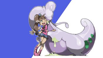 Rule 34 | 1girl, ;d, blacknirrow, blue shorts, brown hair, closed eyes, commentary, dark-skinned female, dark skin, eyelashes, full body, gen 6 pokemon, goodra, green eyes, highres, long hair, nintendo, one eye closed, open mouth, outline, pink shirt, pink shoes, pokemon, pokemon (creature), pokemon xy, scrunchie, shauna (pokemon), shirt, shoes, short shorts, short sleeves, shorts, simple background, slime (substance), smile, teeth, two-tone background, upper teeth only, white outline, wrist scrunchie