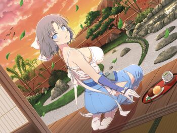1girl architecture ass bamboo bare_shoulders bird blue_eyes bonsai bow breasts east_asian_architecture folding_screen garden grey_hair hair_bow japanese_clothes large_breasts leaf looking_at_viewer looking_back medium_hair mountainous_horizon no_shoes non-web_source off_shoulder open_mouth plant porch rock_garden scenery senran_kagura senran_kagura_new_link sideboob sitting sliding_doors smile snack solo stone_lantern striped_bow sunset tea_set torn_clothes tray tree underboob veranda wariza white_bow wooden_porch yumi_(senran_kagura)