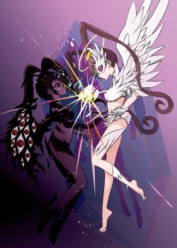 2girls absurdres amano_nene_(digimon_xros_wars) angel_wings asymmetrical_eyes barefoot bikini breasts brown_hair cleavage commentary_request corruption dark_persona digimon digimon_(creature) digimon_xros_wars dual_persona extra_eyes feathered_wings feathers floating full_body fur_bikini hair_between_eyes halo high_ponytail highres light_persona living_clothes long_hair luminamon_(nene_ver.) medium_breasts multiple_girls parted_lips ponytail purple_eyes red_eyes revealing_clothes ringed_eyes shademon_(nene_ver.) sidelocks single_wing split_ponytail strapless swimsuit tai_(cheungsk1213) tube_top very_long_hair white_bikini white_feathers white_tube_top wings