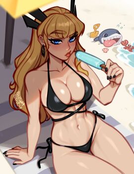 1girl arm_support artist_name bare_arms bare_shoulders beach beach_towel bikini black_bikini black_nails blonde_hair blue_eyes blush blushyspicy breasts buried closed_mouth commentary commentary_request crab day earrings english_commentary fingernails food freckles hand_up highres holding holding_food holding_popsicle jeff_(marvel) jewelry large_breasts lips long_fingernails long_hair looking_at_viewer magik_(x-men) marvel marvel_rivals multi-strapped_bikini_top nail_polish navel open_mouth outdoors popsicle sand seashell shade shark sharp_teeth shell shiny_skin shore shovel side-tie_bikini_bottom sitting solo string_bikini swimsuit teeth thigh_gap tongue tongue_out towel very_long_hair water x-men