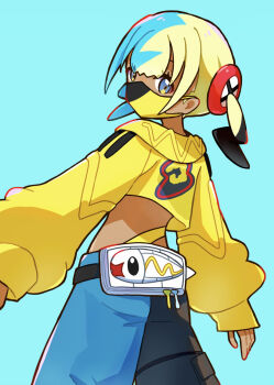 1girl belt black_belt blue_background blue_eyes canari_(pokemon) commentary_request cropped_jacket eyelashes highres hood hood_down hooded_jacket jacket long_sleeves looking_to_the_side mask meta-g_(curc8737) mouth_mask multicolored_hair nintendo pants pokemon pokemon_legends:_z-a short_twintails simple_background twintails white_bag yellow_jacket