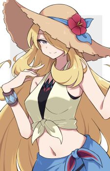 1girl absurdres blonde_hair blue_sarong breasts closed_mouth crop_top cynthia_(pokemon) cynthia_(summer_2025)_(pokemon) flower grey_eyes hair_over_one_eye hat hat_flower highres long_hair looking_at_viewer navel nintendo official_alternate_costume piyo_to_game pokemon pokemon_masters_ex sarong shirt smile solo sun_hat tied_shirt very_long_hair