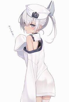 1girl absurdres black_one-piece_swimsuit commentary_request cowboy_shot dace_(kancolle) dixie_cup_hat grey_eyes grey_hair hat headgear highres kantai_collection looking_at_viewer military_hat one-piece_swimsuit shirt side_ponytail simple_background single_thighhigh sleeves_past_fingers sleeves_past_wrists solo swimsuit swimsuit_under_clothes thighhighs translation_request two-tone_one-piece_swimsuit white_background white_hat white_shirt white_thighhighs yachima