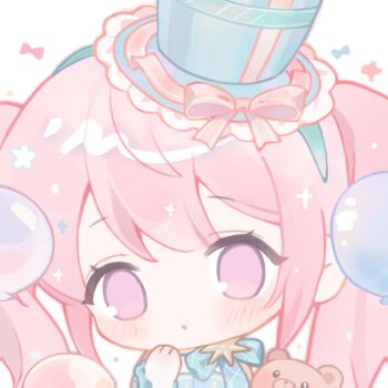 1girl :o argyle_bow argyle_bowtie argyle_clothes balloon baonu_de_zhanshen_caibutou blue_bow blue_bowtie blue_dress blue_hairband blue_hat blunt_bangs bow bowtie brooch chibi chinese_commentary commentary_request curious dance_till_dawn_(infinity_nikki) dot_nose dress eyelashes frilled_headwear hair_between_eyes hairband hand_on_own_chin hat hat_bow highres infinity_nikki jewelry light_blush long_hair loose_hair_strand mini_hat mini_top_hat nikki_(series) official_alternate_color open_mouth pink_bow pink_eyes pink_hair simple_background solo sparkle star_brooch strapless strapless_dress stuffed_animal stuffed_toy tareme teddy_bear top_hat twintails upper_body white_background