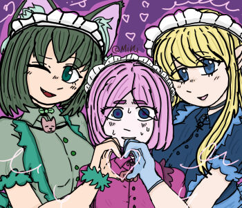 Rule 34 | 3girls, animal ear fluff, animal ears, annette (isekai shikkaku), blonde hair, blue eyes, bob cut, cat ears, female focus, fur wrist cuffs, gloves, green hair, heart, heart hands, heart hands duo, isekai shikkaku, long hair, maid headdress, maids, medium hair, multiple girls, nervous smile, nervous sweating, parted bangs, pink hair, pointy ears, purple background, sacchan (isekai shikkaku), simple background, smile, sweat, tama (isekai shikkaku), upper body, wrist cuffs