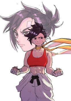 1girl abs armpit_crease bandage_on_cheek bandage_on_face bandaged_wrist bandages bandaid bandaid_on_face bare_shoulders belt black_belt black_hair breasts brown_eyes choker cleavage clenched_hand closed_mouth corviwing cowboy_shot dougi highres karate_gi looking_to_the_side makoto_(street_fighter) martial_arts_belt medium_breasts midriff muscular muscular_female pants red_sports_bra ribbon ribbon_choker short_hair simple_background solo sports_bra standing street_fighter street_fighter_iii_(series) street_fighter_iv_(series) sweat tomboy v-shaped_eyebrows white_background white_pants yellow_ribbon