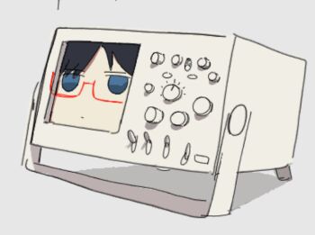 black_hair blue_eyes closed_mouth emesan_desu empty_eyes expressionless glasses grey_theme hair_over_one_eye jitome machinery mechanization no_humans oscilloscope red-framed_eyewear shimeji_simulation simple_background staring switch