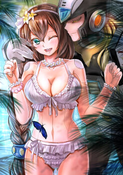 1boy 1girl android aqua_eyes bikini blonde_hair blue_butterfly blue_eyes blush bracelet braid breasts brown_hair bug butterfly cleavage closed_eyes closed_mouth commentary_request couple flower flower_bracelet frilled_bikini frills front-tie_bikini_top front-tie_top hair_between_eyes hair_flower hair_ornament hairband helmet highres insect iris_(mega_man) jewelry kiwakiwa large_breasts long_hair mega_man_(series) mega_man_x_(series) one_eye_closed open_mouth palm_leaf smile standing summer swimsuit white_bikini yellow_flower zero_(mega_man)