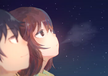 1boy 1girl black_hair blowing boku_dake_ga_inai_machi breath brown_eyes brown_hair commentary_request coofeli eyelashes fujinuma_satoru hair_between_eyes hinazuki_kayo looking_ahead night sky star_(sky) starry_sky