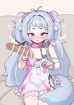1boy 1girl after_ejaculation animal_ears antenna_hair bar_censor bdsm belt_collar bikini blue_hair blunt_bangs blush breasts censored collar covered_navel cum cum_in_container cum_on_body cum_on_hands cup disembodied_penis dress ejaculation flat_chest grey_hair hair_ornament hair_scrunchie handjob hetero indie_virtual_youtuber leash loli long_hair looking_at_penis menace_mamaki menace_mamaki_(menako) micro_bikini mole multicolored_hair nail_polish nose_blush open_mouth pasties penis pink_collar pink_eyes pink_nails pink_scrunchie scrunchie second-party_source short_eyebrows sitting slave solo_focus strap_slip streaked_hair sukarabeeto sweat swimsuit tail two_side_up very_long_hair virtual_youtuber white_dress