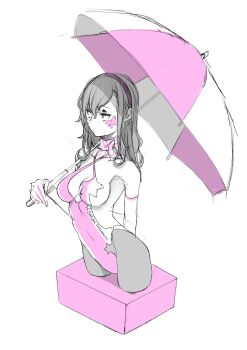 1girl absurdres breasts closed_mouth cropped_legs greyscale highres holding holding_umbrella leotard long_hair monochrome multicolored_leotard neckerchief pantyhose simple_background solo spot_color striped_neckerchief umbrella v_lila_f white_background yasuda_suzuhito yozakura_quartet