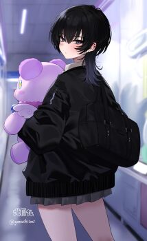1girl bag black_eyes black_hair black_jacket blurry blurry_background commentary_request ear_piercing from_behind gomashi_(goma) highres holding holding_stuffed_toy jacket long_hair looking_at_viewer original piercing pleated_skirt skirt solo stuffed_animal stuffed_toy