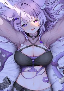 1girl absurdres ahoge animal_ears bed_sheet belt black_belt black_choker black_shirt blunt_bangs breasts camisole cat_ears cat_girl cat_tail choker cleavage commentary_request criss-cross_halter crop_top hair_ornament hairclip hairpin halterneck heart heart-shaped_pupils highres hololive large_breasts long_hair looking_at_viewer lying mameiriko navel nekomata_okayu nekomata_okayu_(gyaru) o-ring o-ring_choker official_alternate_costume official_alternate_hairstyle on_back open_mouth purple_camisole purple_eyes purple_hair reaching reaching_towards_viewer see-through_shrug shirt shrug_(clothing) solo stomach symbol-shaped_pupils tail tail_scrunchie torn_camisole torn_clothes virtual_youtuber