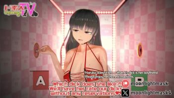 Rule 34 | 1girl, 2boys, 3d, animated, arms behind head, arms up, artist name, bikini, black eyes, black hair, bouncing breasts, breasts, censored, character name, close-up, closed mouth, collarbone, cum, dark-skinned male, dark skin, disgust, dot nose, ejaculation, english text, excited, fellatio, from side, glory hole, handjob, hands up, hetero, huge breasts, humiliation, indoors, interracial, koikatsu (medium), large penis, long hair, looking at penis, looking down, matching hair/eyes, moonlightmask4, mosaic censoring, multi-strapped bikini top, multiple boys, multiple views, navel, netorare, open mouth, oral, original, penis, red bikini, sitting, small penis humiliation, straight-on, straight hair, subtitled, swimsuit, tagme, tv show, upper body, very dark skin, video, watermark